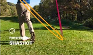 Driver swing down the line with shot tracer and clubhead path